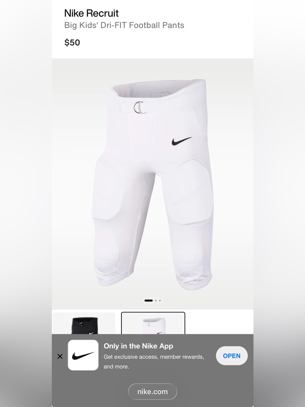 Nike White Dri-FIT Padded Football Pants for Kids